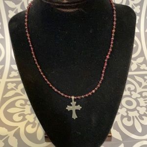 Kenneth Wyatt vintage Pewter and Garnet cross necklace